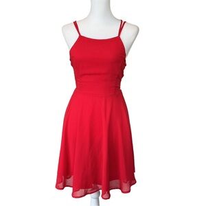 Listicle Bright Red Boutique Lace-Up Fit-and-Flare Chiffon Mini Sun Dress NWT